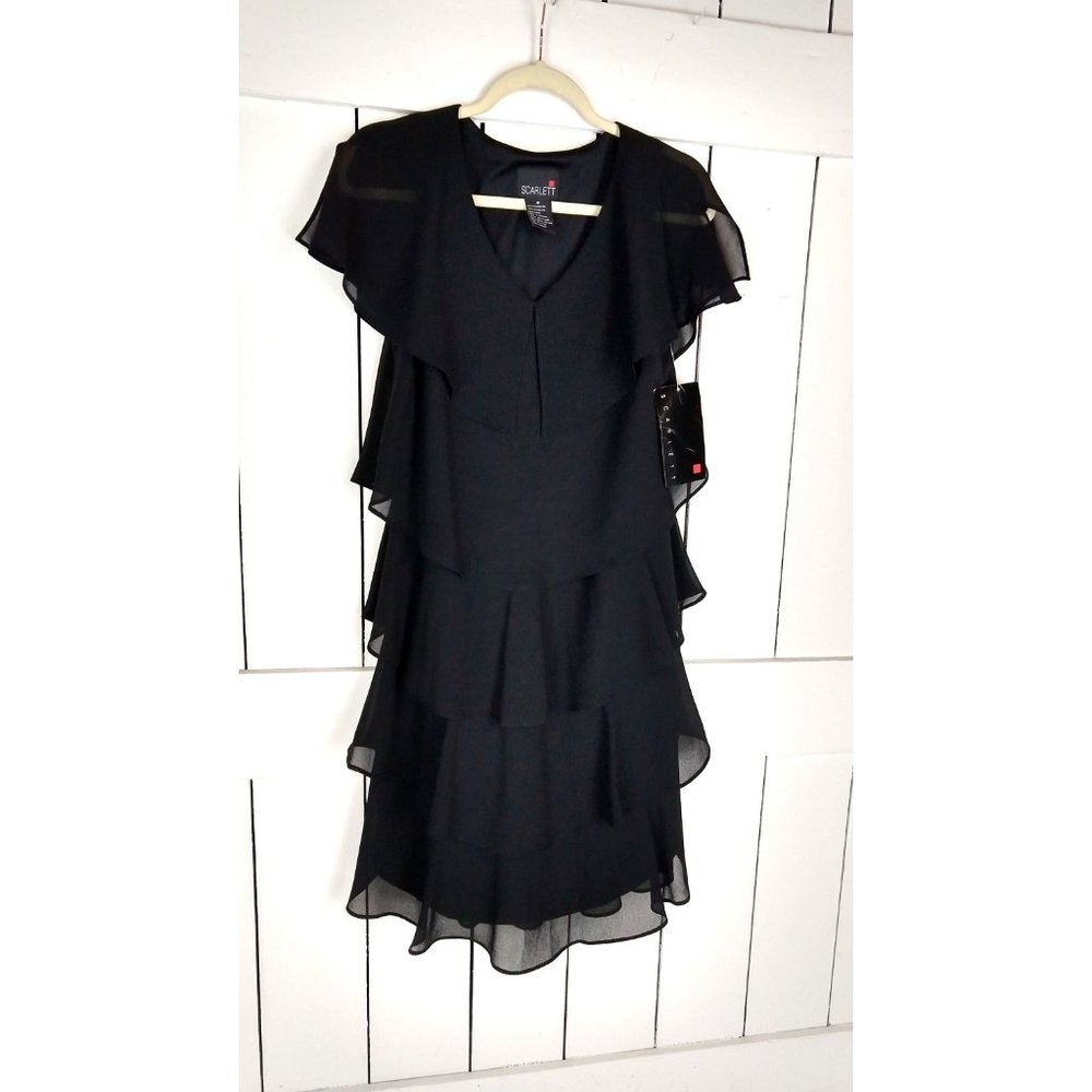 90s Scarlett black ruffle midi mid length pullover cocktail dress LBD 8 - Picture 2 of 4